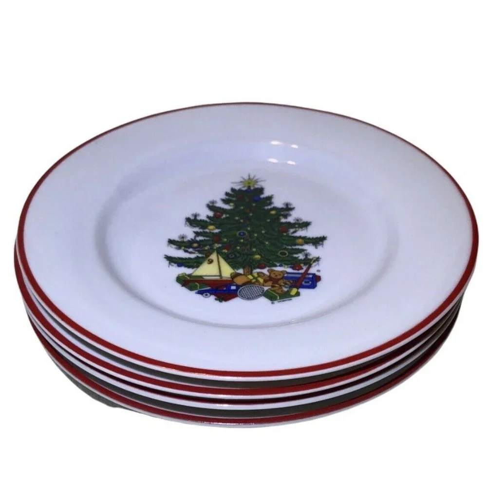 VTG Cuthbertson Set Of 4 Red Rim 6.5” “American Christmas Tree” Bread‎ Plates
